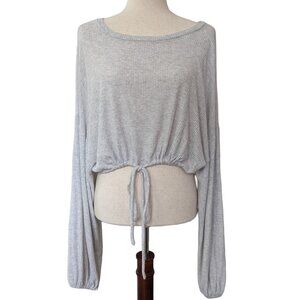 Hashtag Light Grey Ribbed Balloon Sleeve Drawstring Hem Top